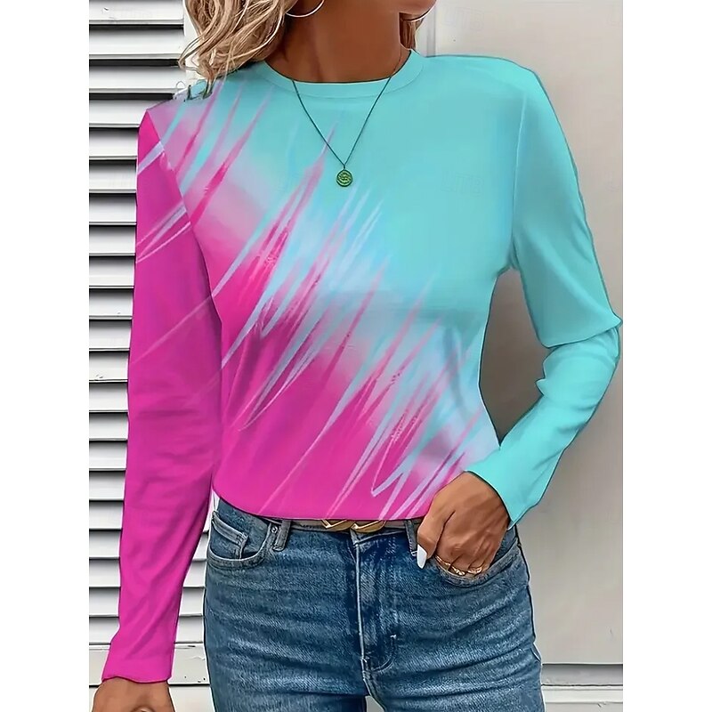 Women's T Shirt Graphic Geometric Vintage Stylish Modern Long Sleeve Crew Neck Regular Tops Daily Print Pink Royal Blue Blue Orange Green Spring Fall Winter