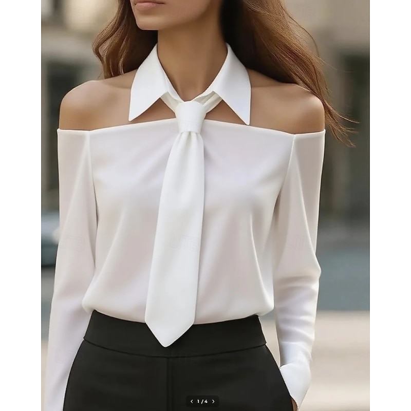 Women's Shirt Elegant Dressy Satin Plain Active Stylish Long Sleeve Shirt Collar Regular Tops Holiday Going out Backless Black White Khaki Spring Fall
