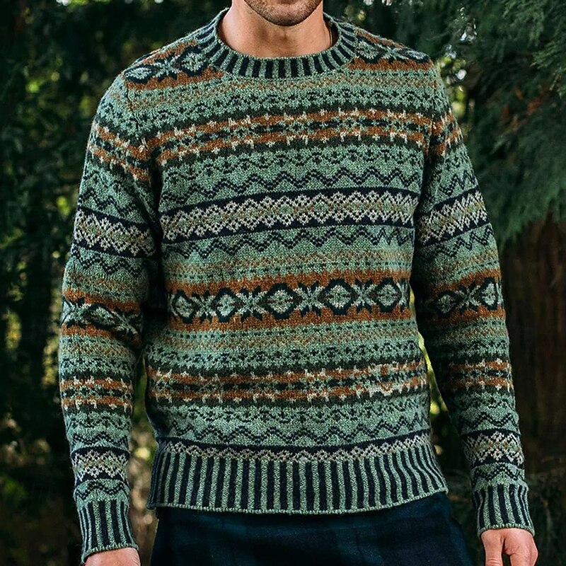 Men's Geometic Rhombus Pullover Sweater Jumper Fair Isle Sweater Knitwear Crewneck Casual Vacation Daily 3D Print Knitting Keep Warm Long Sleeve Spring Fall Winter Green