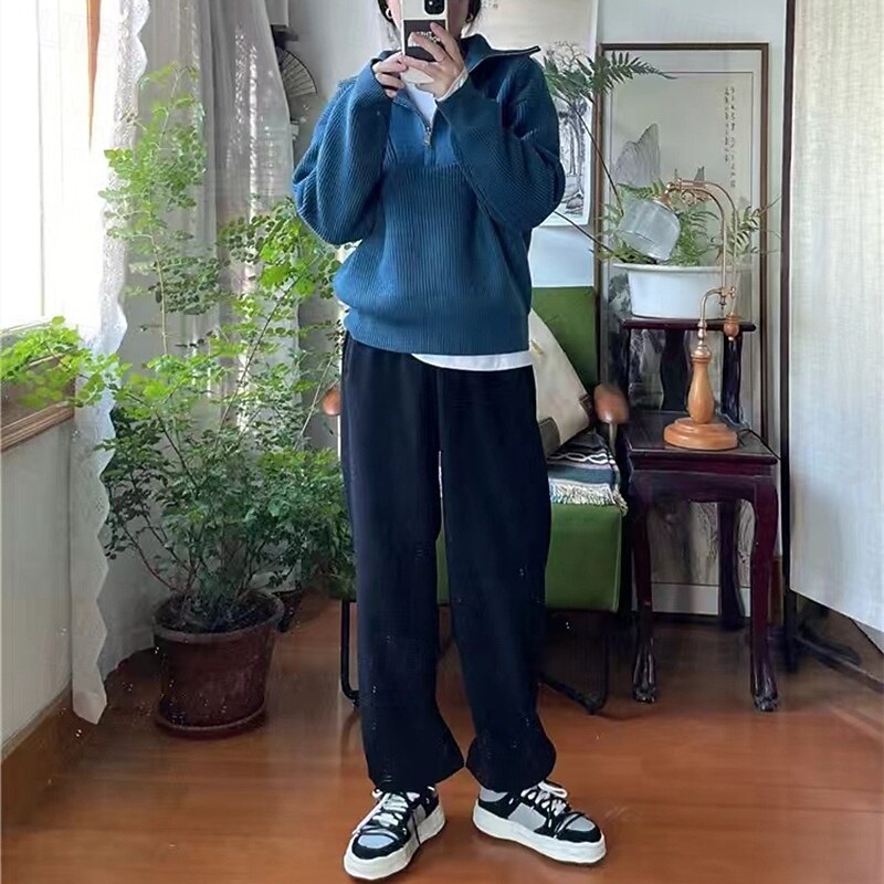 Women's Sweater Fashion Streetwear Casual Solid Color Ribbed Half Zip Knitted Long Sleeve Regular Tops Knit Outdoor Daily Weekend Blue Fall Winter3