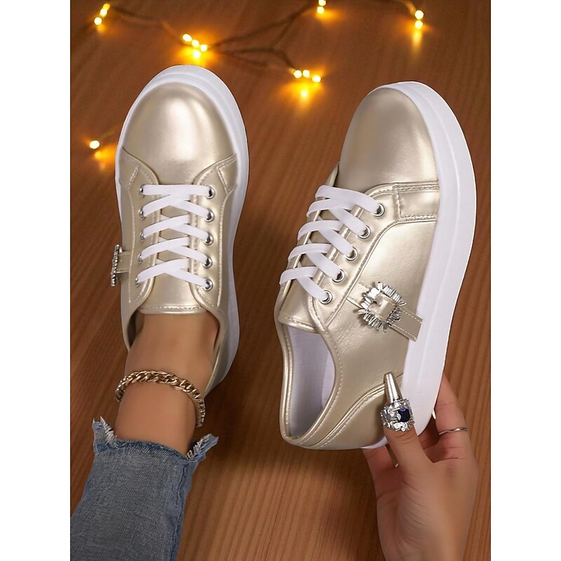 Women's Silver Metallic Lace-Up Sneakers with Rhinestone Buckle - Fashion Casual Shoes for Nightlife Parties and Club Outfits2