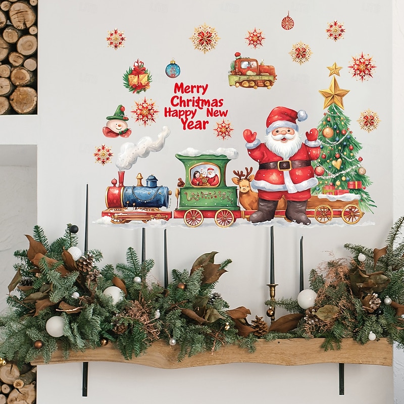 Christmas Sticker Wall Decals Cartoon Santa Claus Train Christmas Tree Gift Removable Vinyl Mural Holiday Party Background Wall Decoration For Bedroom Living Room4