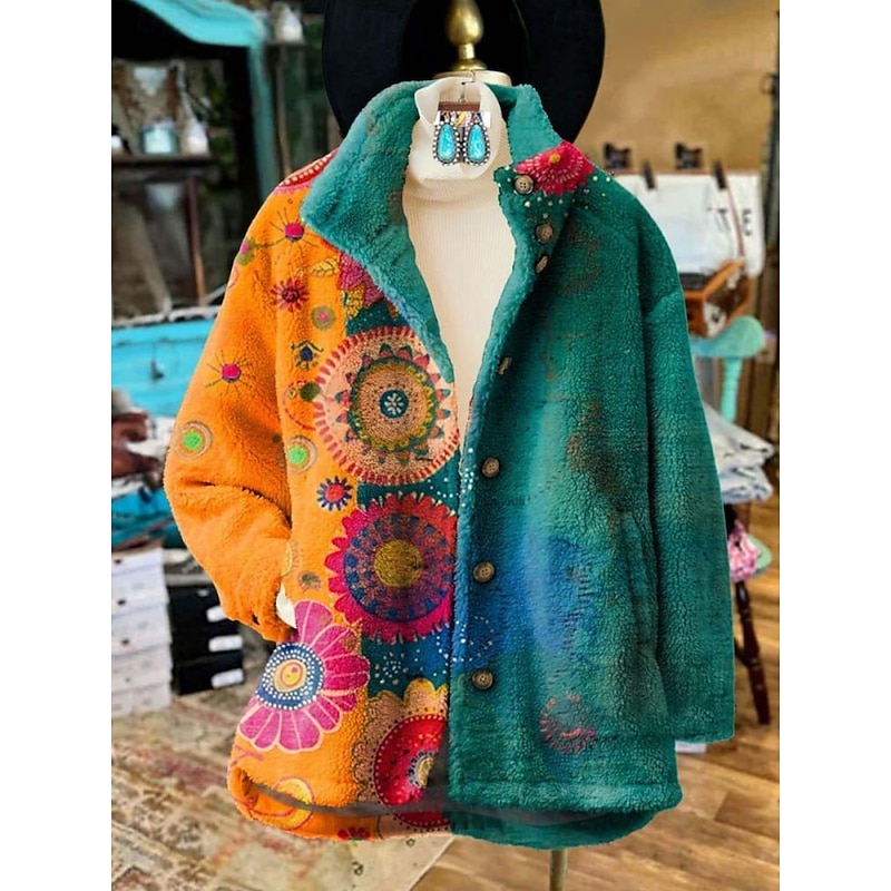 Women's Fleece Jacket Casual Jacket Comfortable Breathable Pocket Print Casual Floral Vacation Street Casual Daily Wear Zipper Regular Turndown Regular Fit Long Sleeve Outerwear Red Blue Fuchsia3