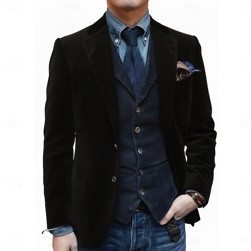 Men's Velvet Blazer Jacket Notch Collar Classic Solid Colored Blazer Black Brown Dark Blue Tailored Fit Single Breasted Two-buttons