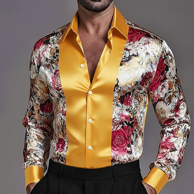 Men's Floral Print Rose Flowers Shirt Satin Shirt Dress Shirt Long Sleeve Vintage Retro Vacation Dailywear Summer Spring Fall Turndown 3D Print Button Up Shirts Yellow Blue Purple Gold4
