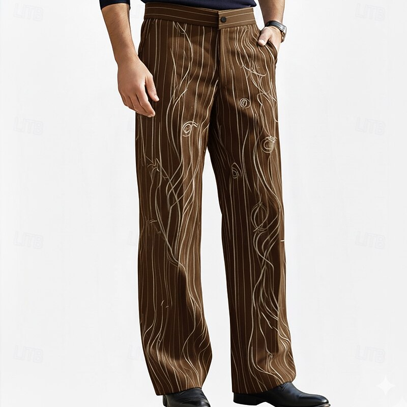 Men's Geometric Striped Trousers Dress Pants Suit Pants Mid Waist Business Casual Formal Dailywear Regular Fit Flat-Front Straight Leg Pants with Pockets Summer Spring Fall 3D Print Black Brown Dark3