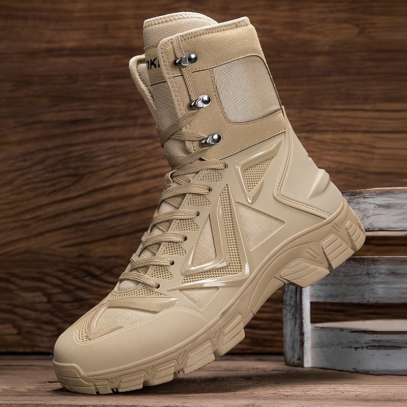 Men's Tactical Combat Boots in Khaki with High Ankle Support, Anti-Slip Sole Outdoor Military Boots for Hiking, Work and Survival Training