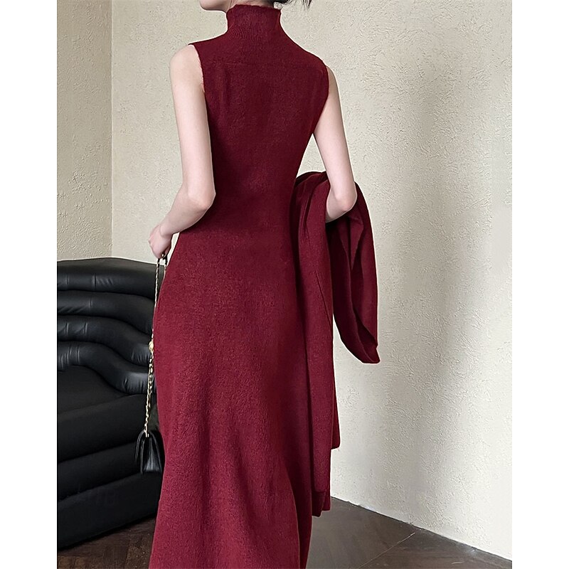 Women's Long Dress Maxi Dress Knit Dress Casual Dress Dress Set Elegant Fashion Modern Outdoor Daily Going out Regular Fit Plain Long Sleeve High Neck Stand Collar Red Winter Autumn3