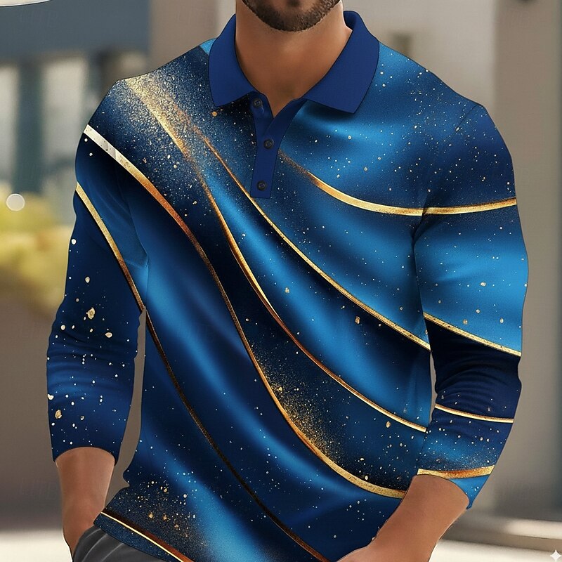 Men's Abstract Geometic Polo Long Sleeve Polo Shirts Lapel Casual Outdoor Athleisure Daily Wear 3D Print Buttons Spring Fall Winter Red Blue Sky Blue2