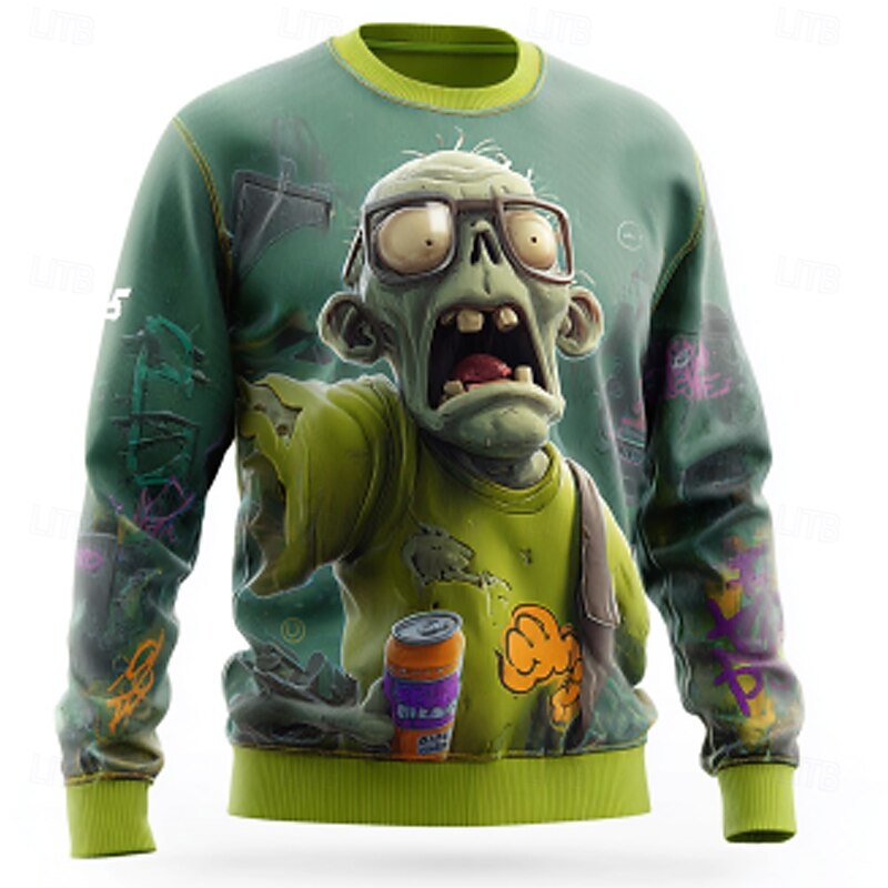 Halloween Men's Zombies Pullover Sweater Jumper Knitwear Crewneck Casual Vacation Daily 3D Print Keep Warm Long Sleeve Spring Fall Winter Green 1# Green 2# Green 3#4