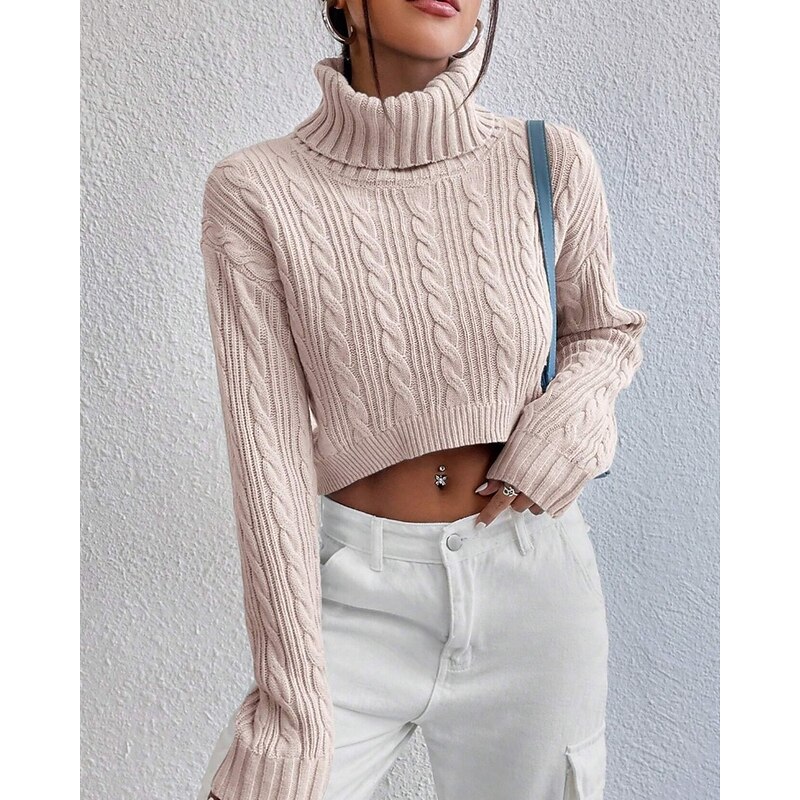 Women's Sweater Fashion Casual Pure Color Ribbed Turtleneck Knitted Long Sleeve Crop Tops Knit Outdoor Daily Weekend Pink Fall Winter