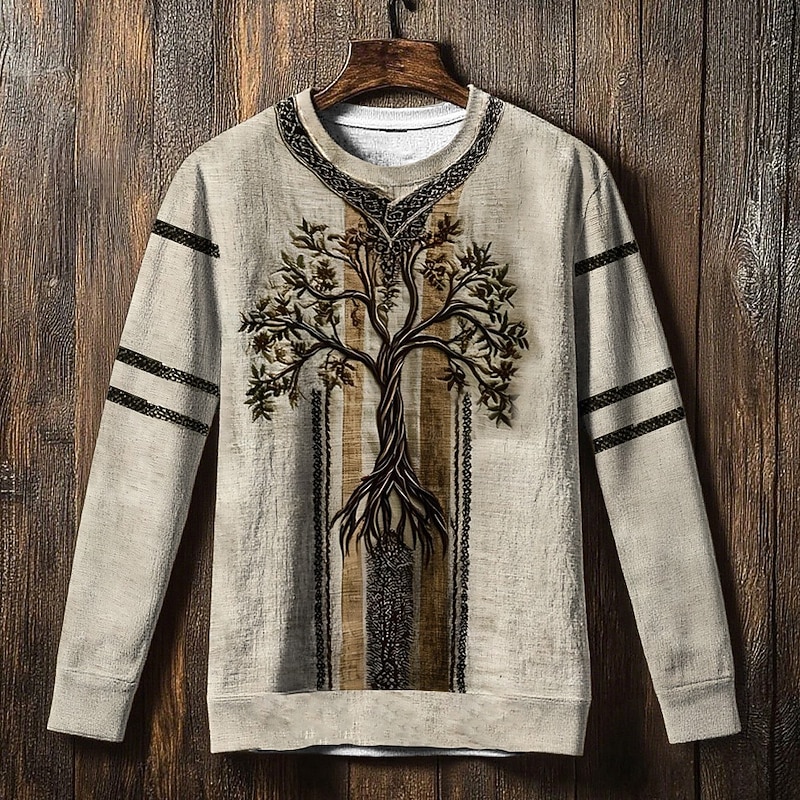 Men's Sweatshirt Green Khaki Crew Neck Tree Of Life Yggdrasil Celtic Knot Print Casual Daily Holiday Vintage Viking Fall Winter Clothing Apparel Hoodies Sweatshirts2