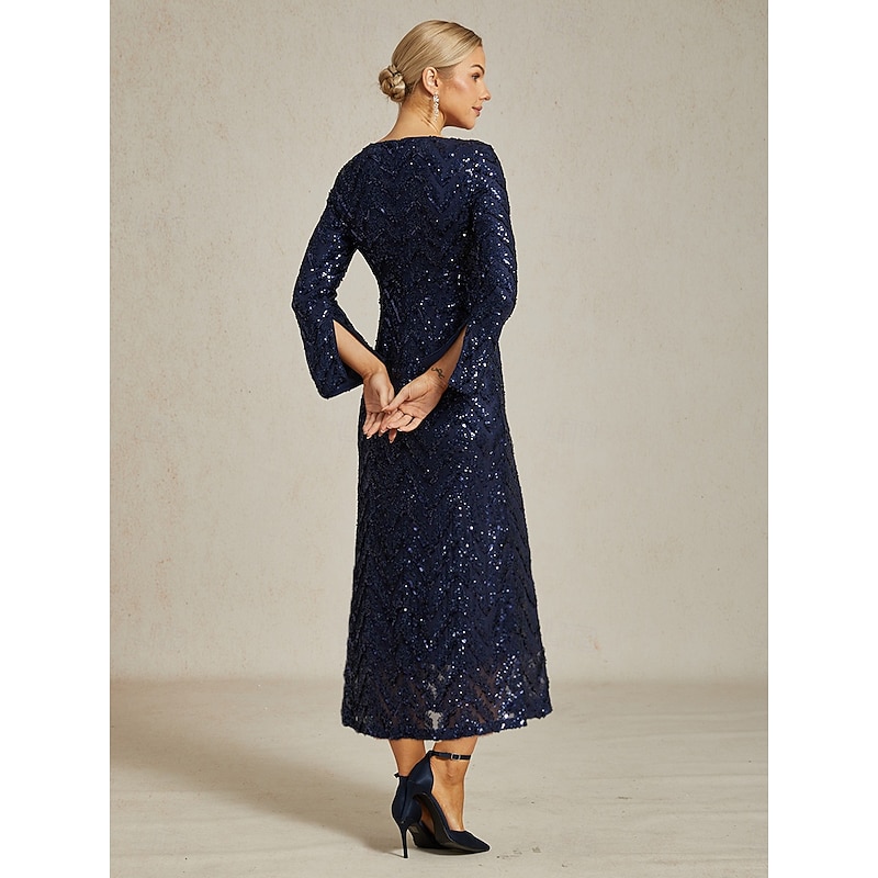Women's Midi Dress Sheath Dress Elegant Party Birthday Party Evening Party Cocktail Party Regular Fit Solid Color Geometric Long Sleeve Crew Neck Boat Neck Navy Blue Spring Fall Winter2