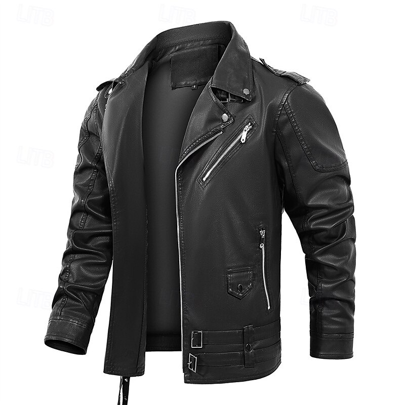 Men's Faux Leather Jacket Biker Jacket Motorcycle Jacket Vacation Daily Windproof Warm Pocket Fall Winter Plain Fashion Classic Stand Collar Regular Black Jacket4