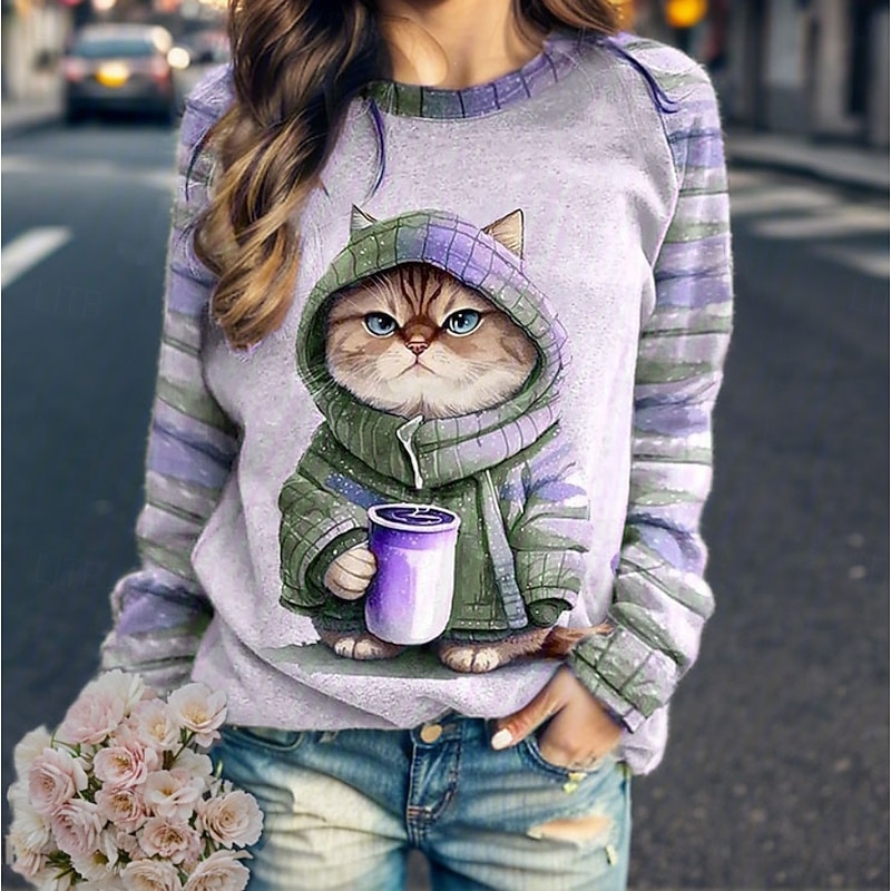 Women's Pullover Graphic Animal Cat Casual Long Sleeve Crew Neck Regular Tops Casual Pink Blue Purple Fuchsia Green Fall Winter4
