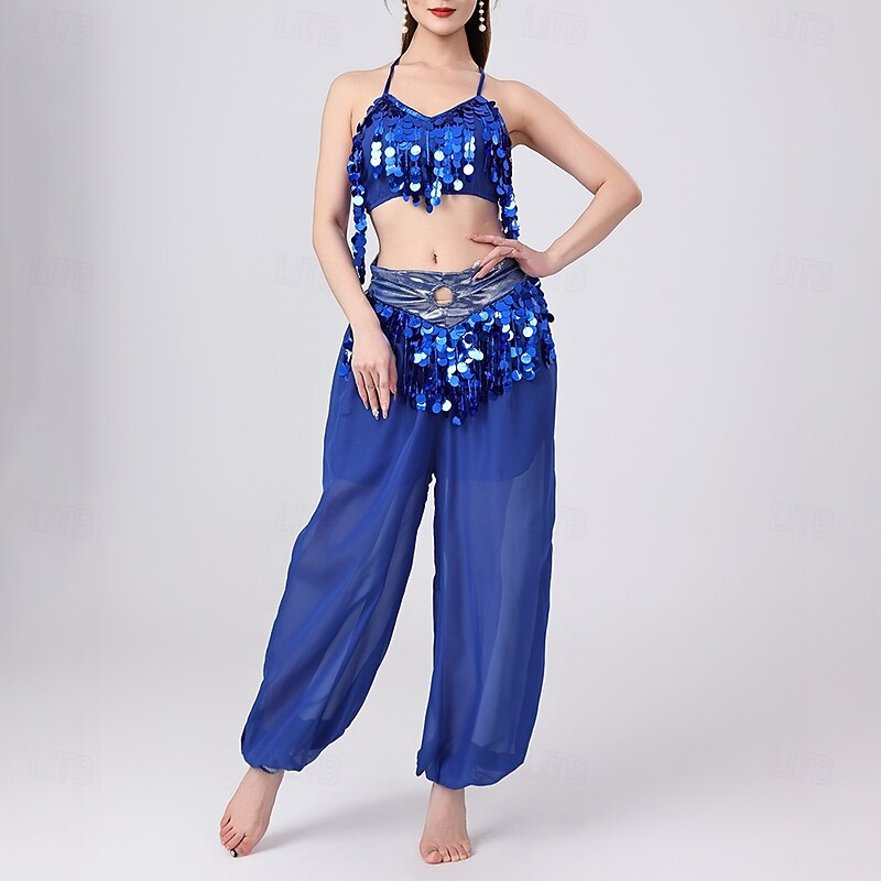 Belly Dance Top Pure Color Splicing Sequins Women's Performance Training Sleeveless High Polyester4