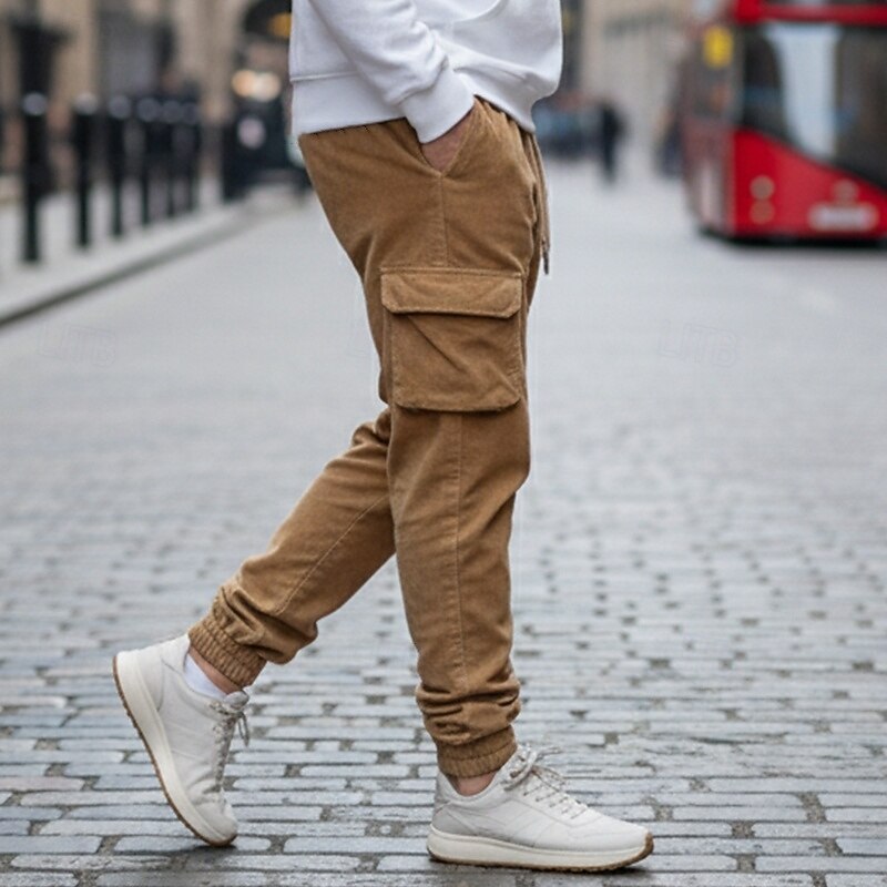 Men's Cargo Pants Joggers Trousers Corduroy Pants Casual Pants Drawstring Elastic Waist Multi Pocket Plain Comfort Full Length Outdoor Casual Daily Fashion Streetwear Black Blue Inelastic2