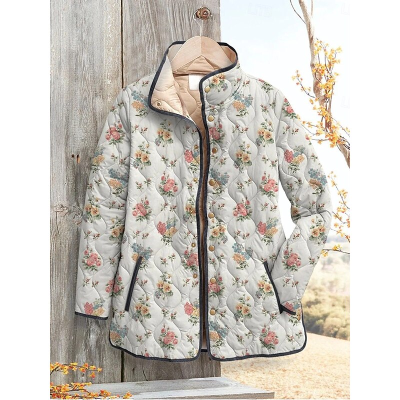 Women's Winter Jacket Puffer Jacket Warm Comfortable Pocket Buttons Print Fashion Daily Outdoor Floral Vacation Casual Daily Single Breasted Regular Stand Collar Regular Fit Long Sleeve Outerwear