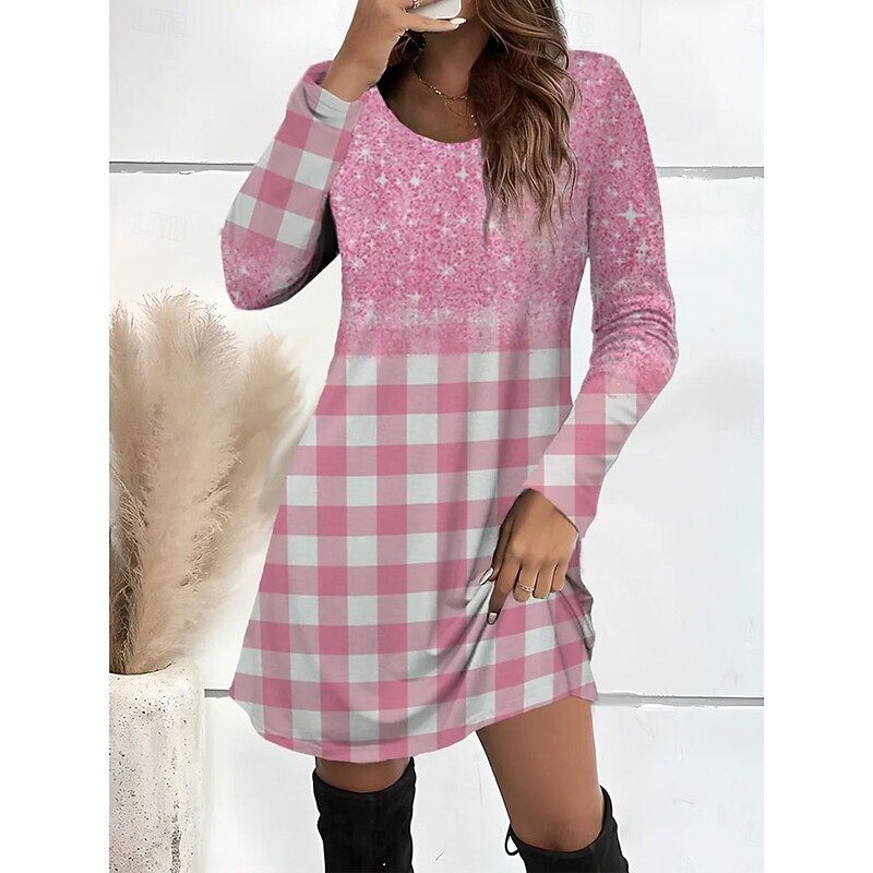 Women's Mini Dress T Shirt Dress Tee Dress Sundress A Line Dress Casual Daily Going out Regular Fit Graphic Plaid Abstract Long Sleeve Crew Neck Light Pink Pink Gray Fall Winter2