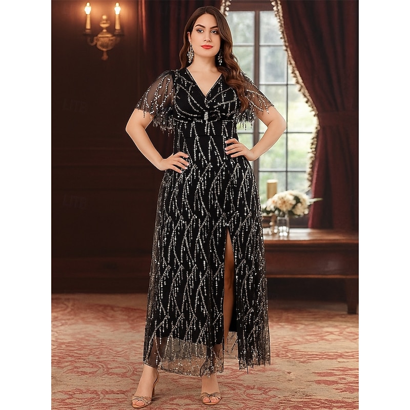 Sheath / Column Mother of the Bride Dress Black Dress Plus Size Sparkle & Shine V Neck Ankle Length Sequined Polyester Short Sleeve with Beading4