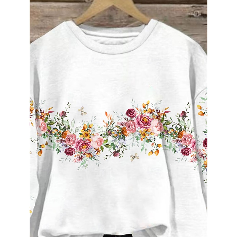 Women's Pullover Floral Graphic Warm Classic Casual Long Sleeve Crew Neck Regular Tops Home Street Dailywear Print White Spring Fall Winter2