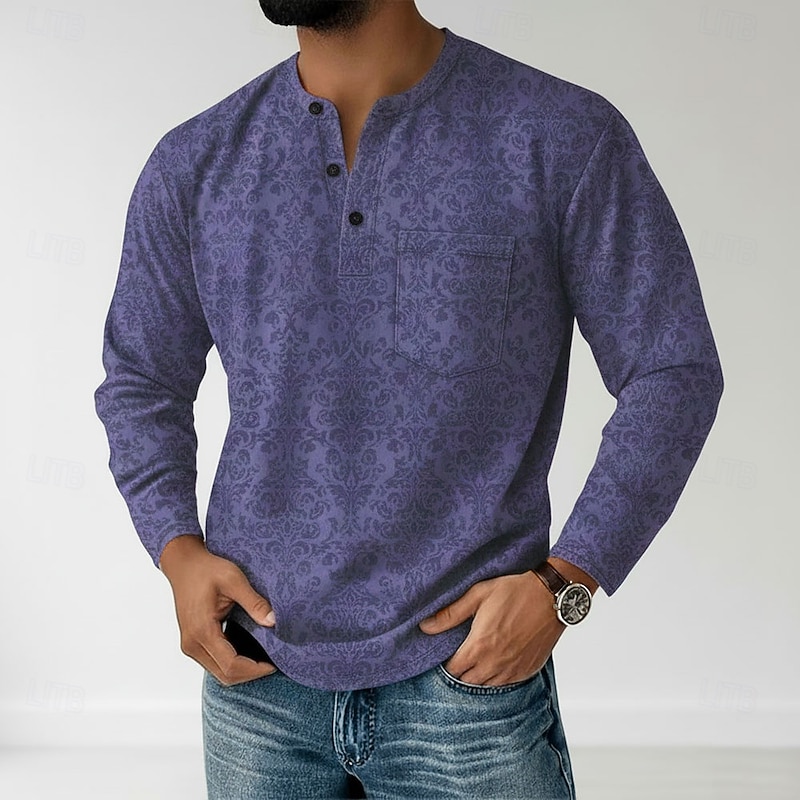 Men's Paisley Henley Shirt T shirt Tee Long Sleeve Retro Vintage Casual Casual Spring Fall All Seasons Blue Green Purple Khaki Henley Henley T-Shirt