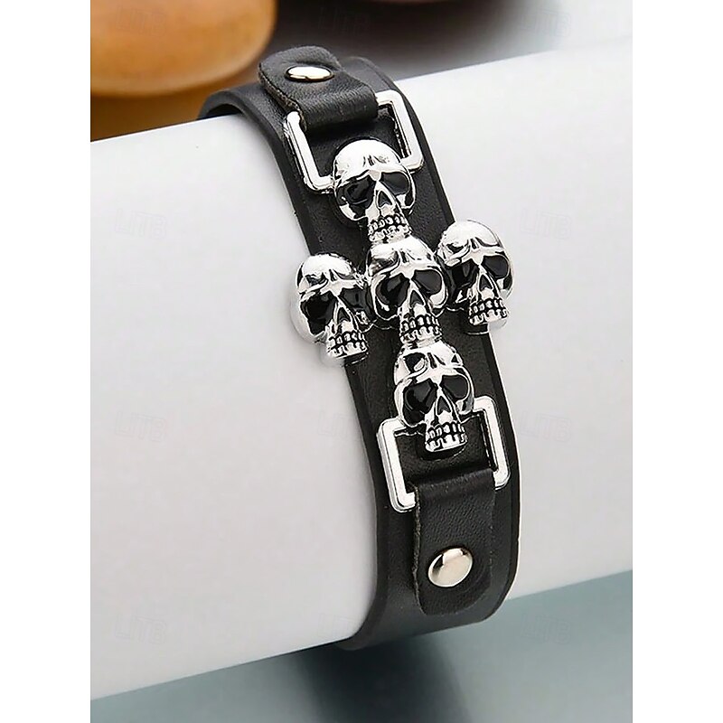 Men's Halloween Skull Bracelet – Gothic Punk Leather Cuff Wristband with Metal Skull Charms for Party, Cosplay and Nightlife3