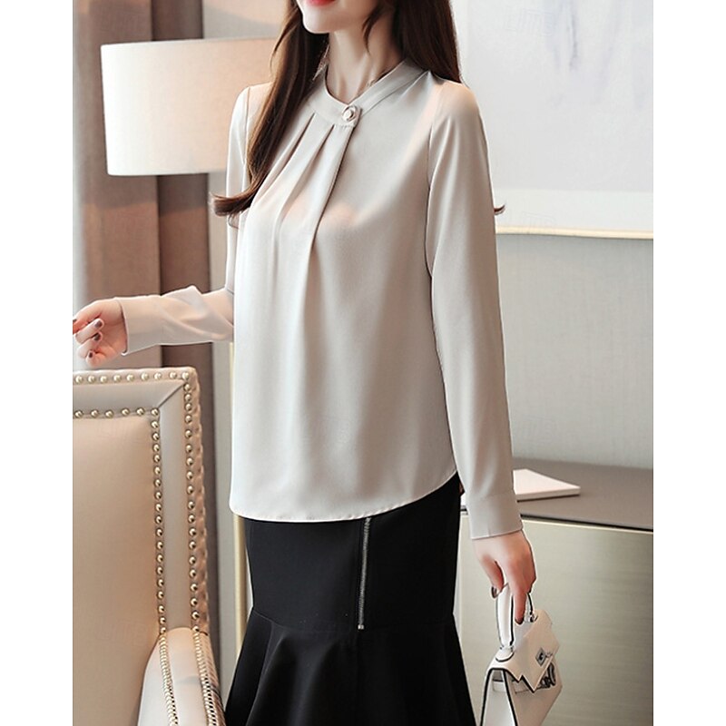 Women's Shirt Elegant Dressy Satin Plain Stylish Formal Long Sleeve V Neck Regular Tops Work Going out Ruched Buttons White Champagne Blue Gray Spring Fall4