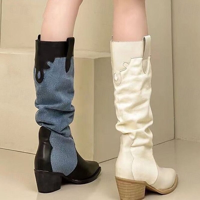 Women's Boots Combat Boots Office Daily Mid Calf Boots Block Heel Pointed Toe Casual Comfort Walking Denim Loafer Blue Beige3