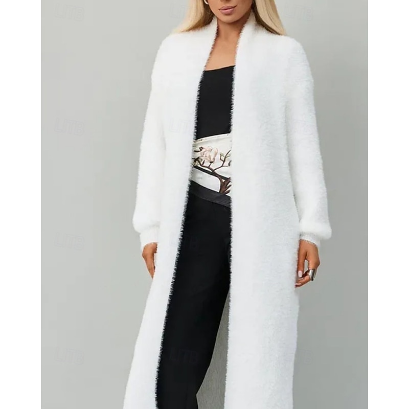 Women's Sweater Cardigan Fashion Streetwear Daily Solid Color Ribbed Open Front Knitted Long Sleeve Long Tops Knit Holiday Going out Weekend White Fall Winter