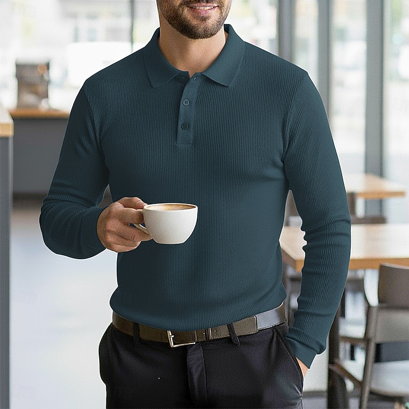 Men's Golf Polos Shirts Waffle Knit Polo Shirt Business Casual Ribbed Polo Collar Long Sleeve Fashion Basic Solid Color Textured Knitting Fall Winter Regular Fit Black White Yellow Burgundy Navy Blue