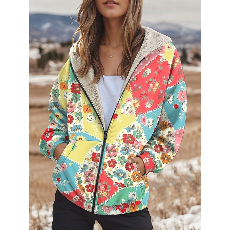 Women's Zip Up Hoodies Floral Fashion Casual Long Sleeve Hooded Regular Tops Dailywear Zipper Pocket Print Yellow Pink Blue Purple Fall Winter4