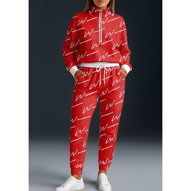 Christmas Women's Sweatshirt Tracksuit 2 Piece Tracksuit Baggy Letter Clothing Suit Fall Red Vocation Outdoor Travel Lightweight Fashion Long Sleeve Sport Activewear Micro-elastic Regular Fit - Main Image
