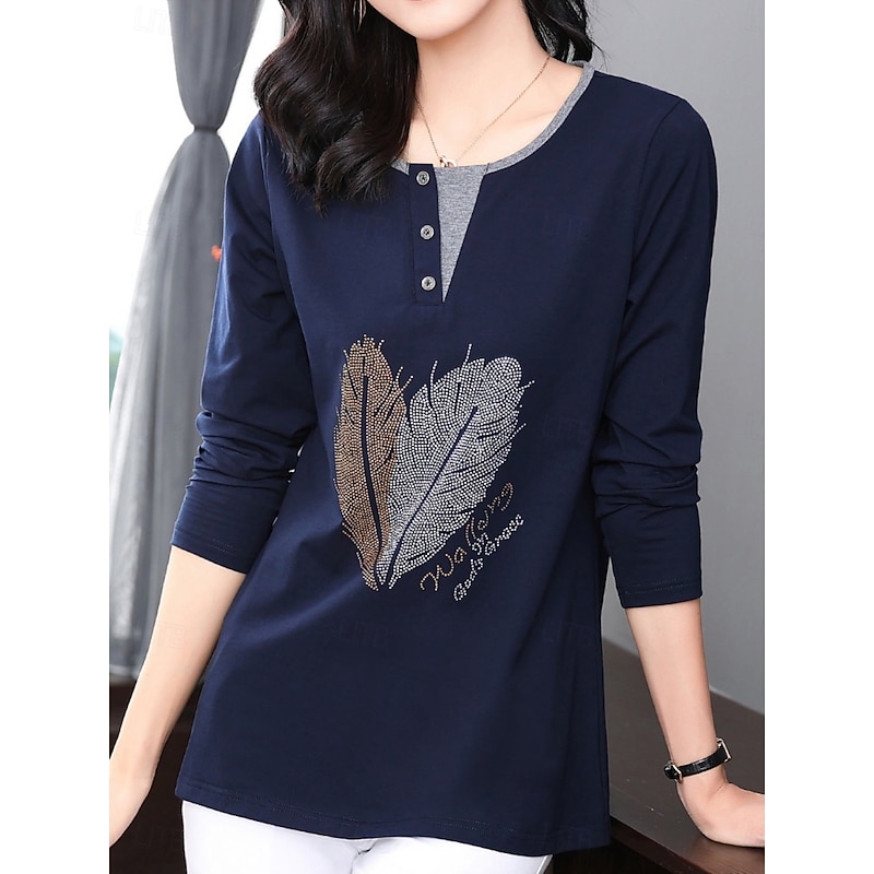 Women's Blouse Feather Stylish Casual Long Sleeve Crew Neck Regular Tops Daily Patchwork Sage Green Black Pink Red Royal Blue Spring Fall