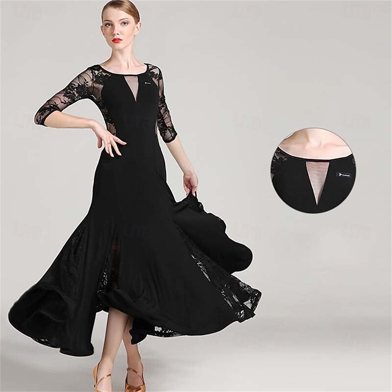 Women's Long Sleeve Lace Modern Dance Dresses Ballroom Dance costume Big Swing Dress3