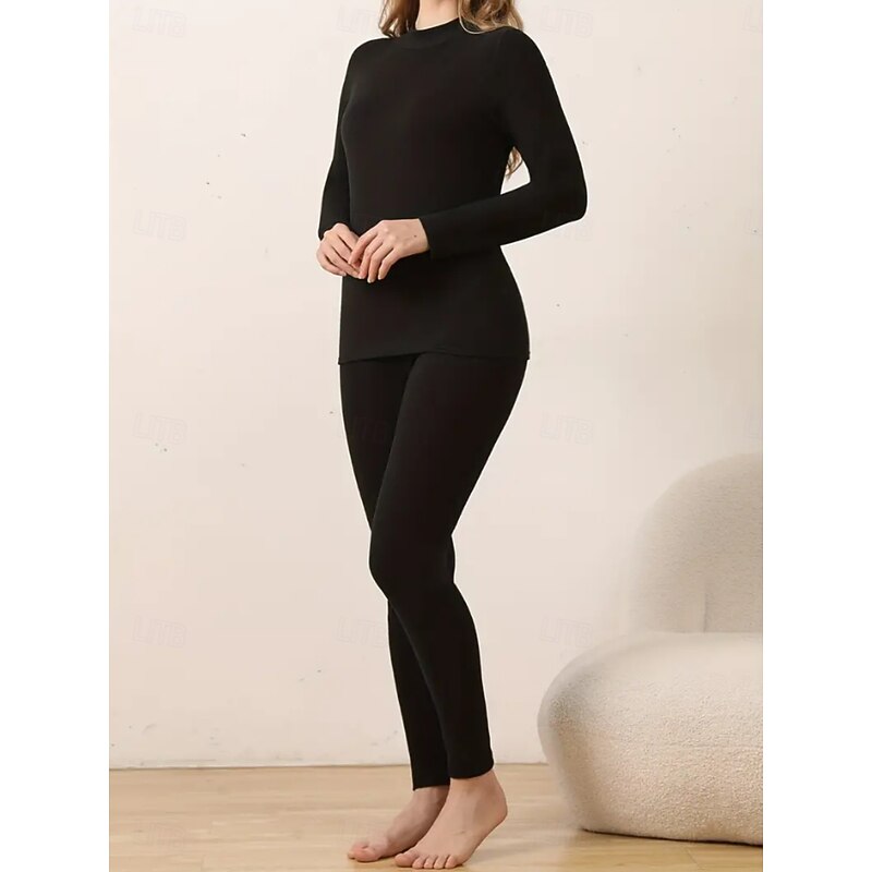 Women's Thermal Underwear Pajama Set Casual Comfort Pure Color Elastic Waist Pant Home Daily Long Sleeve Crew Neck Black Pink Red Purple Khaki Spring Fall Winter Tailored Fit