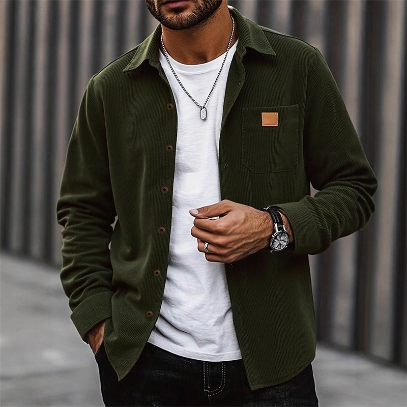 Men's Corduroy Jacket Casual Jacket Vacation Daily Breathable Pocket Fall Winter Plain Fashion Classic Lapel Regular Black Khaki Army Green Jacket4