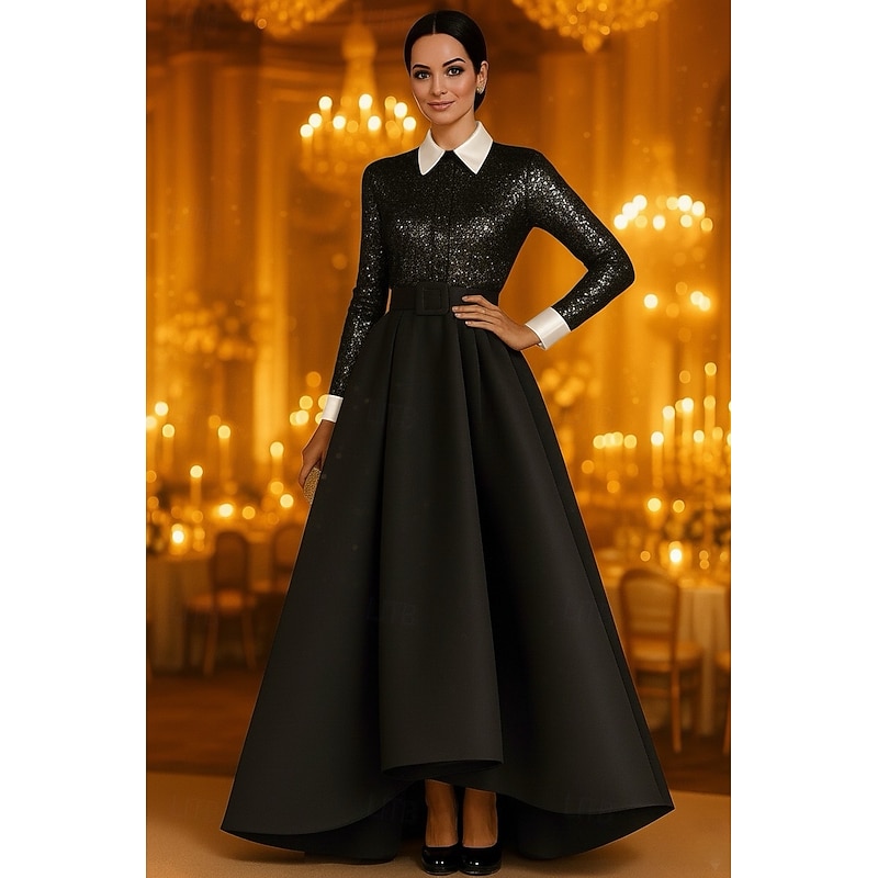 Black and Gold A-Line Evening Gown Shirtdress Gown Elegant Formal Dress Formal Wedding Floor Length Long Sleeve Shirt Collar Pocket Satin with Sequins and Pleats 20254