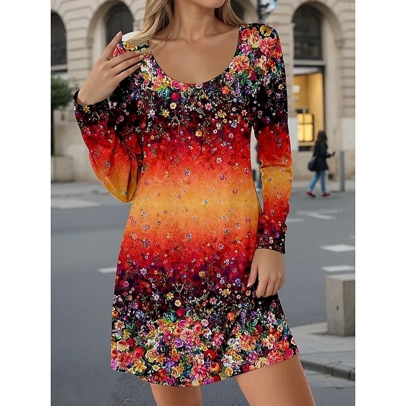 Women's Midi Dress T Shirt Dress Tee Dress Sundress A Line Dress Casual Daily Holiday Date Regular Fit Floral Graphic Long Sleeve Crew Neck Red Blue Orange Summer Spring Fall Winter