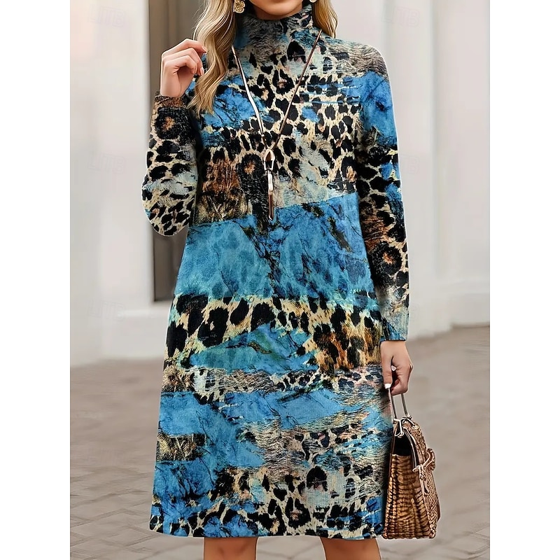 Women's Sweater Dress Mini Dress Shift Dress A Line Dress Vacation Party Casual Outdoor Home Casual Loose Fit Graphic Leopard Tribal Long Sleeve Turtleneck White Blue Spring Fall Winter3
