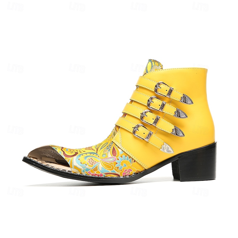 Men's Genuine Cowhide Leather Yellow Embroidered Ankle Boots with Multi Buckle Straps – Unique Gothic Style Party and Concert Footwear4