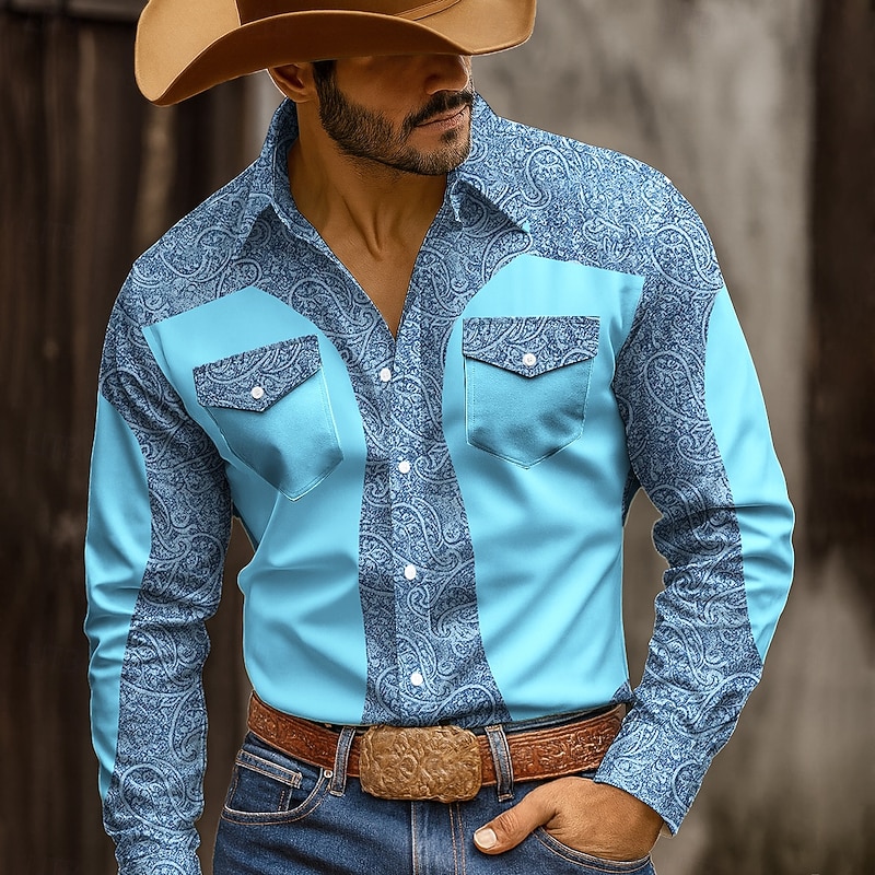 Men's Paisley Floral Print Ethnic Shirt Western Shirt Cowboy Shirt Long Sleeve Vintage Retro Outdoor Casual WorkWear Spring Fall Turndown 3D Print Front Two Pockets Button Up Shirts Blue Orange3