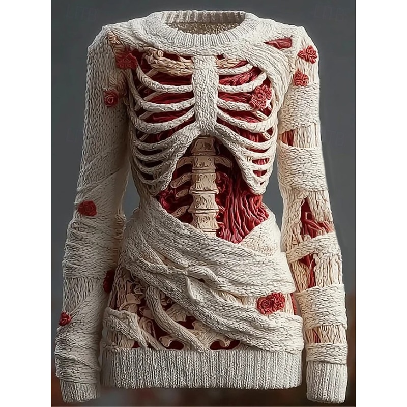 Halloween Women's Sweater Skeleton  Fashion Casual Graphic Skeleton Crew Neck Patchwork Knitted Long Sleeve Regular Tops KnitBlack Pink Fall Winter