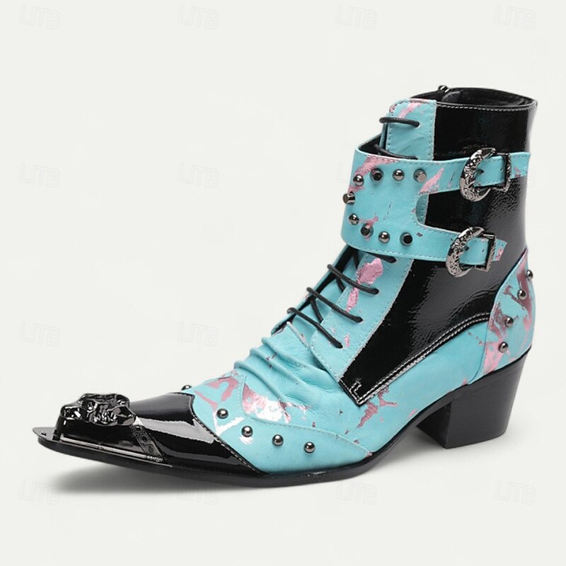 Men's Vintage Cowboy Ankle Boots – Genuine Cowhide Leather with Blue Pattern, Pointed Toe and Buckle Straps for Western Dance, Stage Performance and Party Wear3