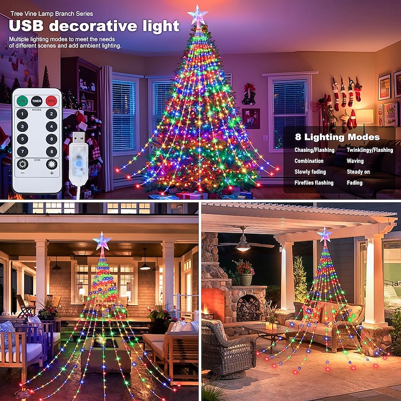 1 Pc 3M-288 Leds Christmas Star String Lights Indoor and Outdoor Courtyard Wedding Festival Party Tree Lights 8 Function Timer Remote Control USB Power Supply2