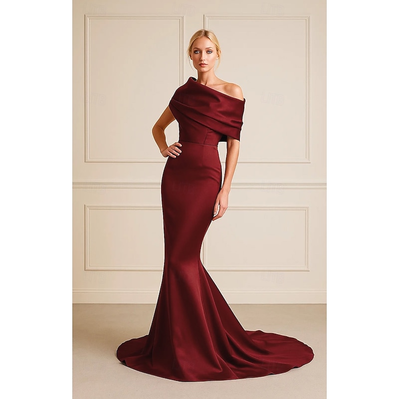 Burgundy Mermaid / Trumpet Evening Gown Elegant Formal Dress Formal Wedding Sweep / Brush Train Sleeveless Off Shoulder Dress Stretch Satin with Pleats 2025