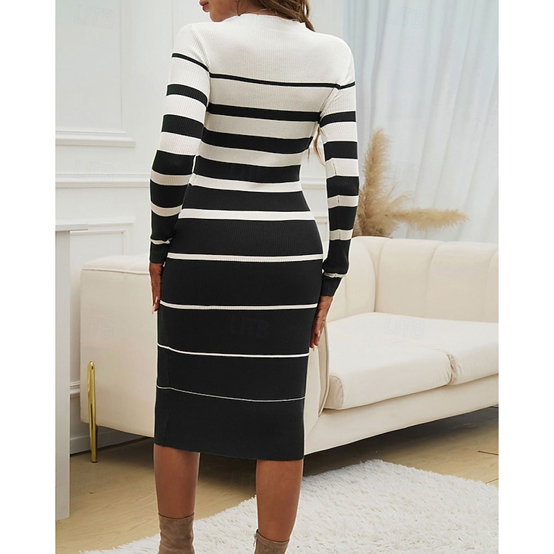 Women's Midi Dress Sweater Dress Bodycon Sheath Dress Fashion Modern Vacation Daily Weekend Regular Fit Striped Long Sleeve Crew Neck Black White Green Khaki Spring Fall4