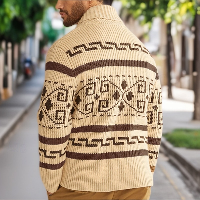 Men's Sweater Cardigan Sweater Fair Isle Sweater Ribbed Knit Regular Tops Knitted Plain Shawl Collar Vacation Fashion Casual Daily Wear Clothing Apparel Fall Spring &  Fall Black khaki M L XL4