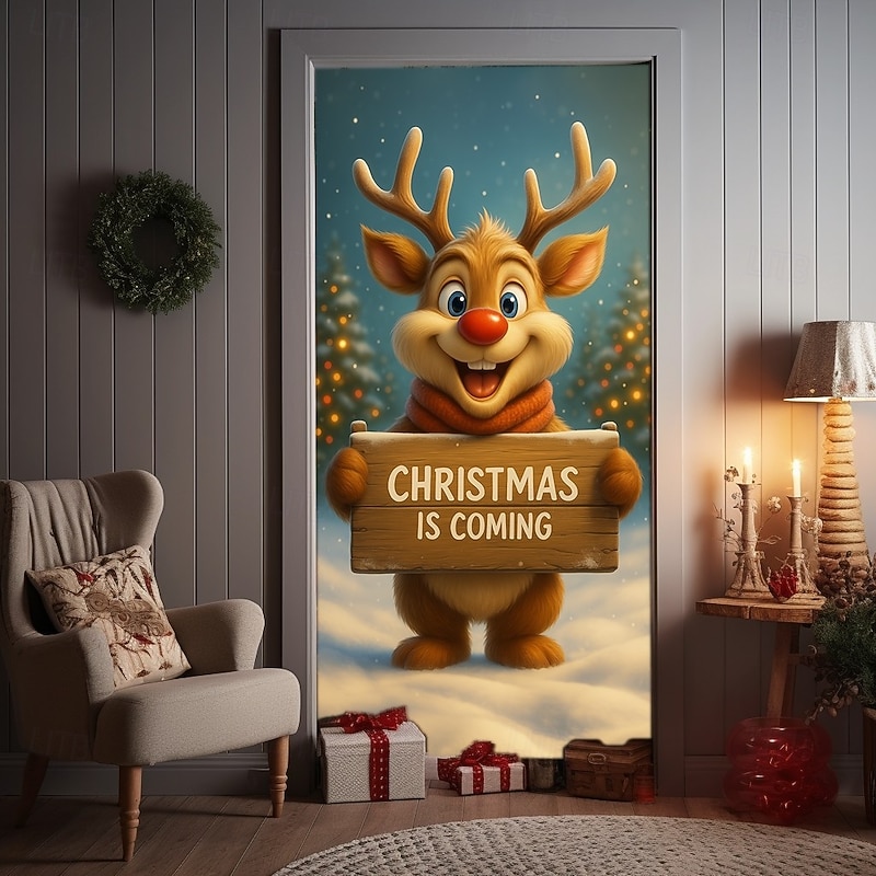Christmas Door Cover, Cute Reindeer Holiday Door Curtain with "Christmas Is Coming" Sign, 2025 Xmas Festive Door Hanging for Porch Party Home Decoration4