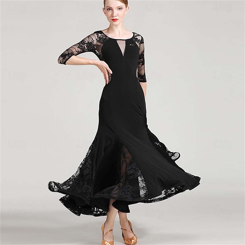 Women's Long Sleeve Lace Modern Dance Dresses Ballroom Dance costume Big Swing Dress2
